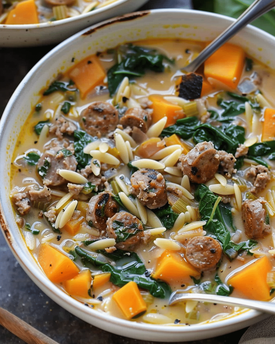 Creamy Sausage & Orzo Soup with Spinach & Sweet Potatoes