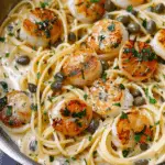 Scallop Spaghetti in Creamy White Wine Butter Garlic Sauce with Capers