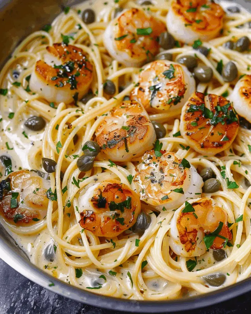 Scallop Spaghetti in Creamy White Wine Butter Garlic Sauce with Capers