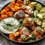 Sheet Pan Chicken Tzatziki with Sweet Potatoes and Herb Tahini Sauce