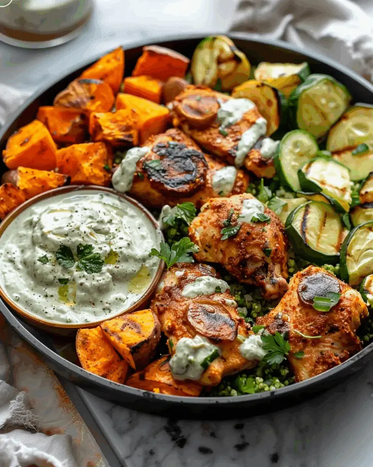 Sheet Pan Chicken Tzatziki with Sweet Potatoes and Herb Tahini Sauce