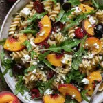 Stone Fruit Salad with Cherries, Peaches, Pasta, Feta, and Arugula