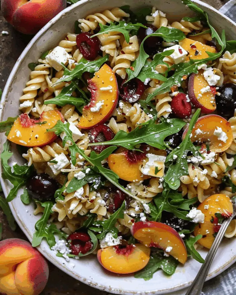 Stone Fruit Salad with Cherries, Peaches, Pasta, Feta, and Arugula