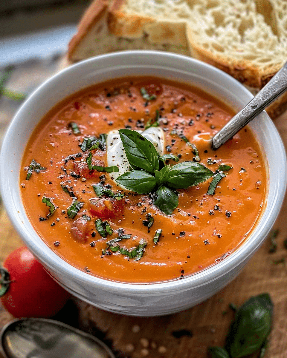 Roasted Tomato Basil Soup with Cream