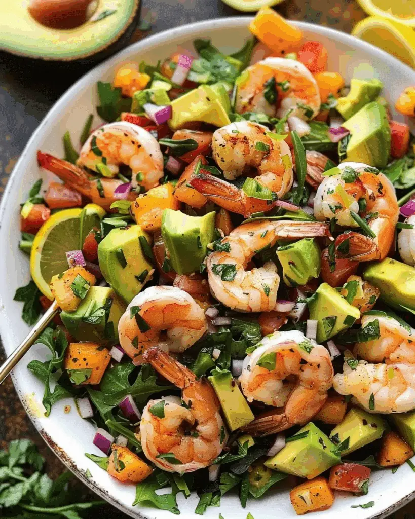 Shrimp Avocado Salad with Mango, Arugula, and Pine Nuts
