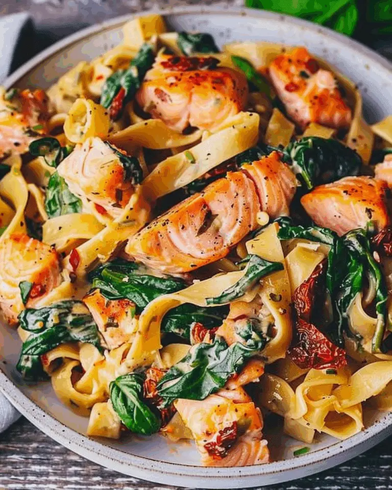 Salmon Pasta with Sun-Dried Tomato Cream Sauce and Spinach