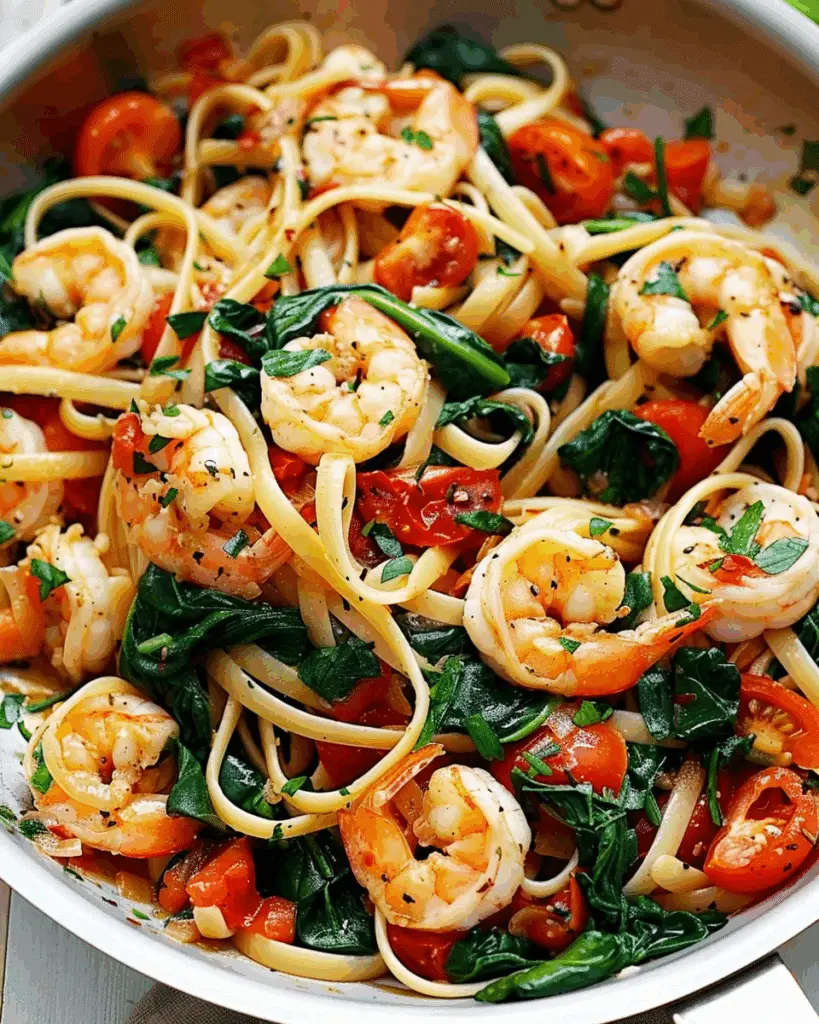 Shrimp Tomato Spinach Pasta in Garlic Butter Sauce