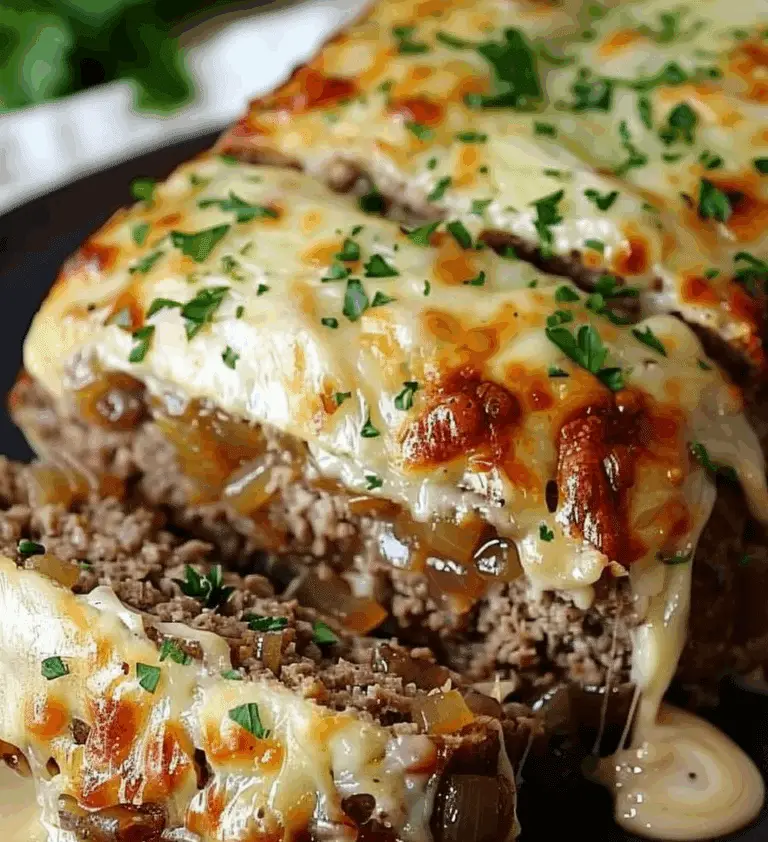 Crockpot French Onion Meatloaf with Melted Swiss Cheese