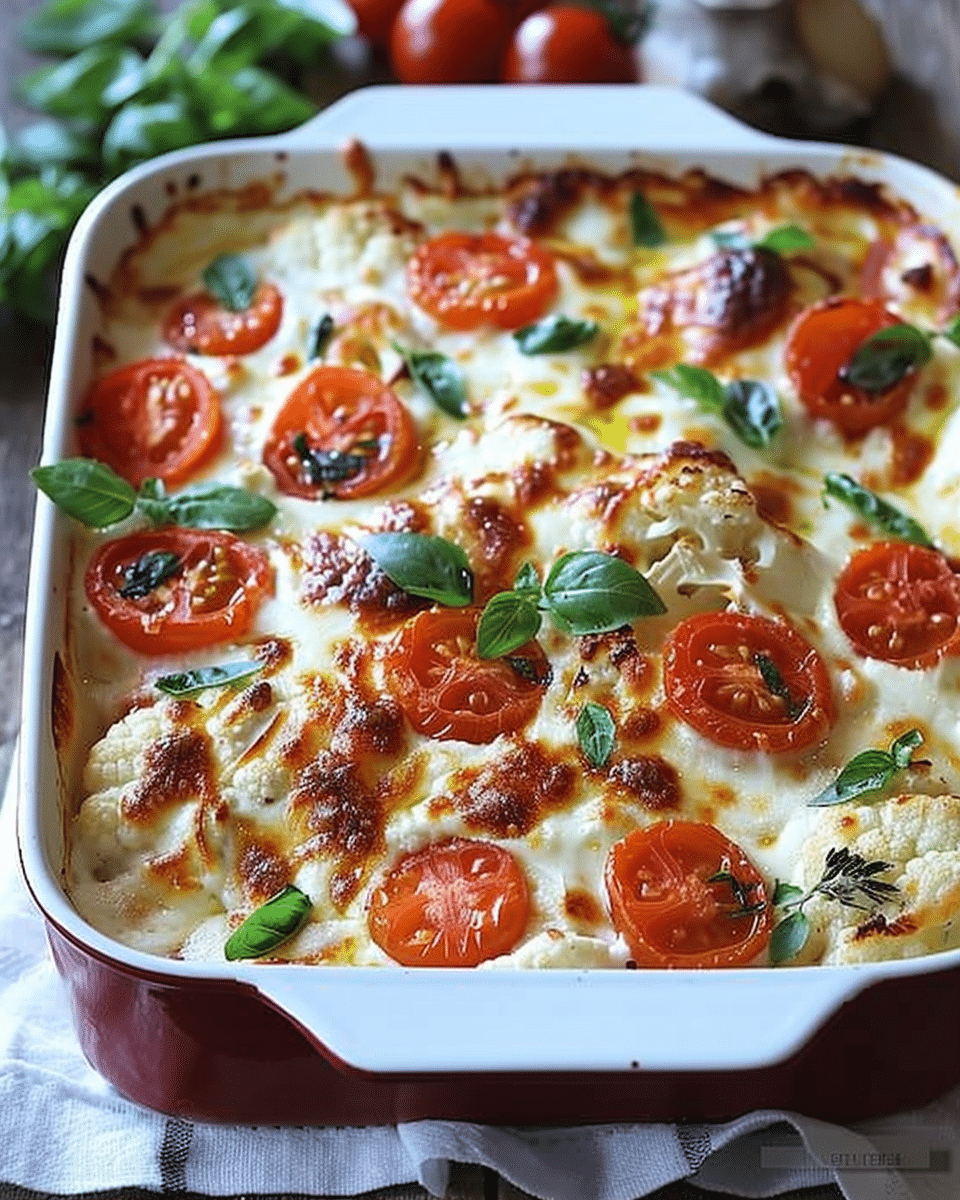 Creamy Baked Cauliflower with Mozzarella and Tomatoes