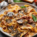 Creamy Sun-Dried Tomato and Mushroom Pasta in a Garlic and Basil Cream Sauce