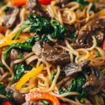 Japchae Korean Beef Noodles with Mushrooms, Spinach, and Bell Peppers