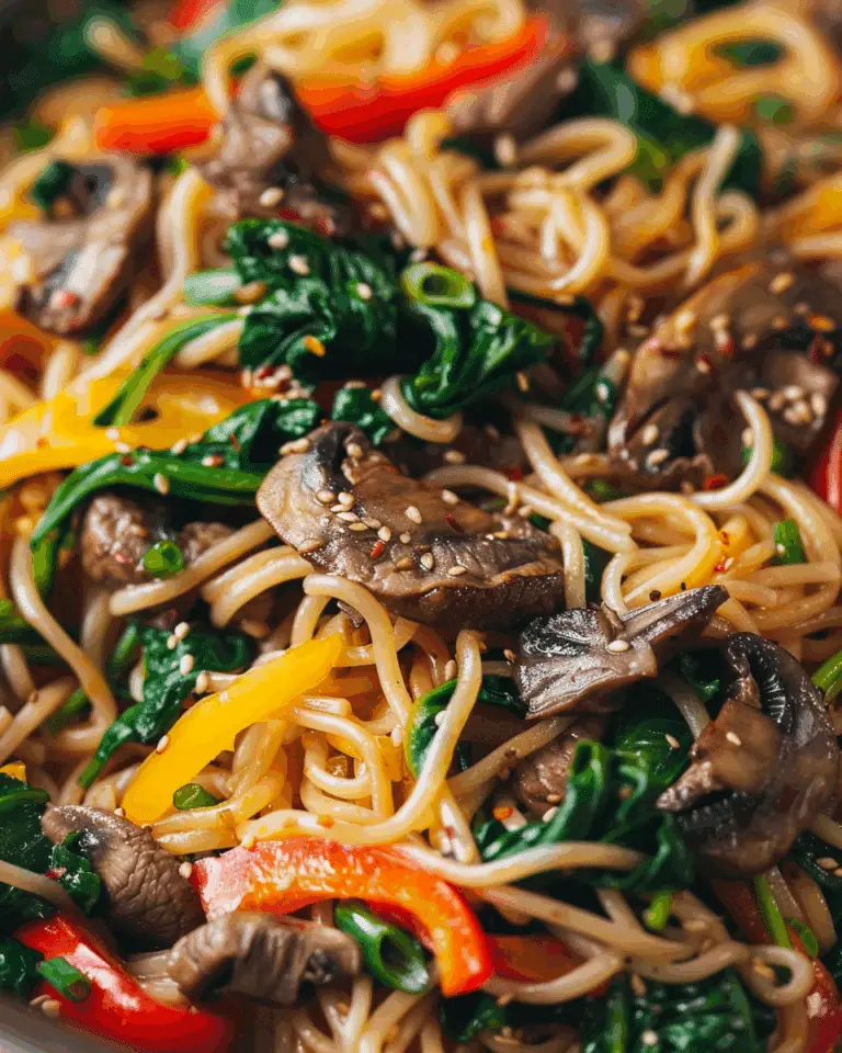 Japchae Korean Beef Noodles with Mushrooms, Spinach, and Bell Peppers