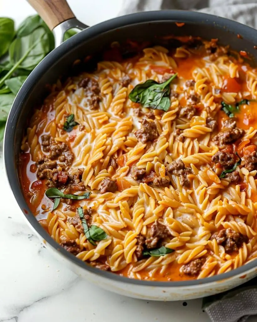 Hearty Ground Beef Orzo with Tomato Cream Sauce