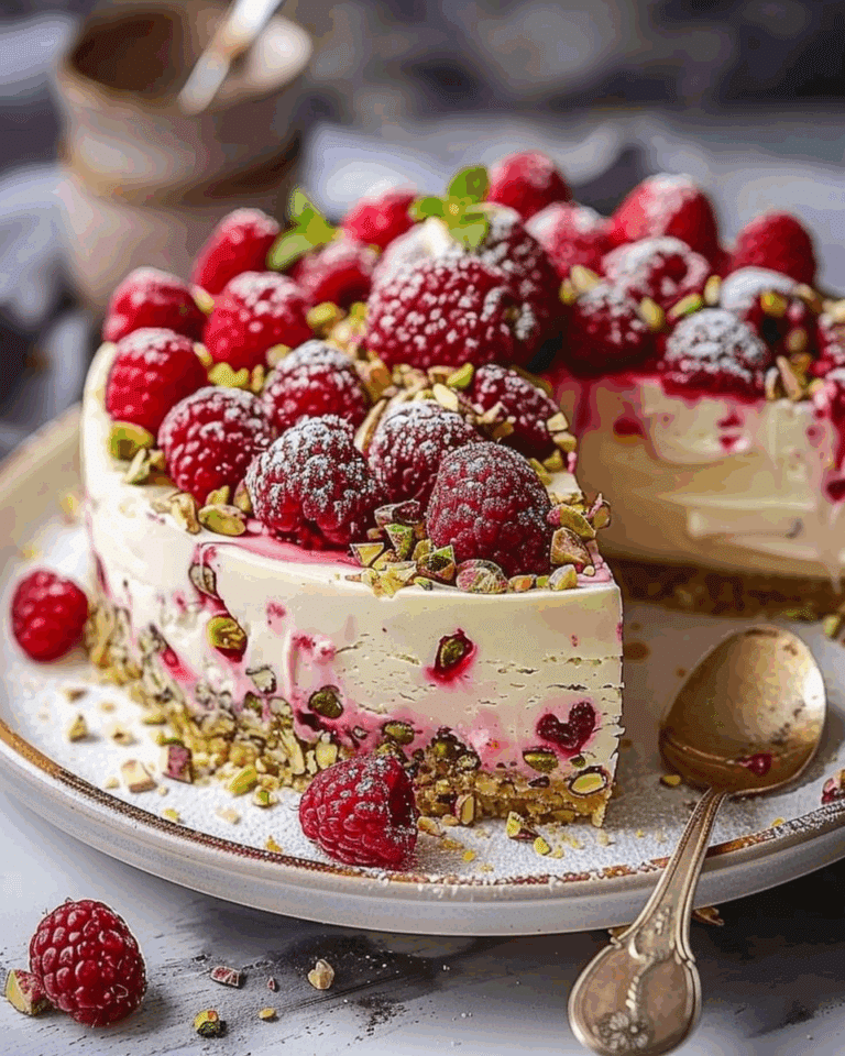 Elegant Pistachio Raspberry Crunch Cheesecake