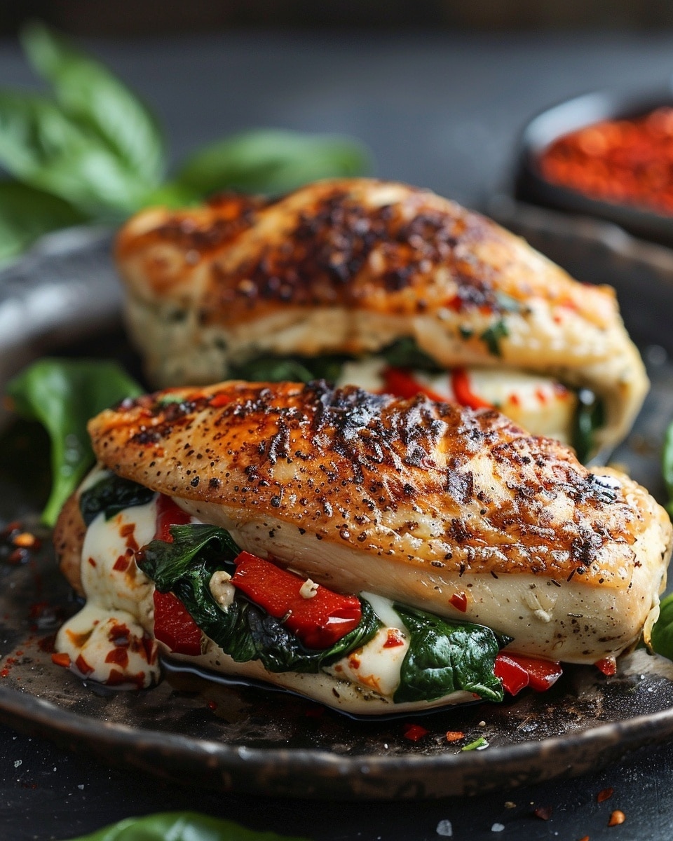 Roasted Red Pepper, Spinach, and Mozzarella Stuffed Chicken