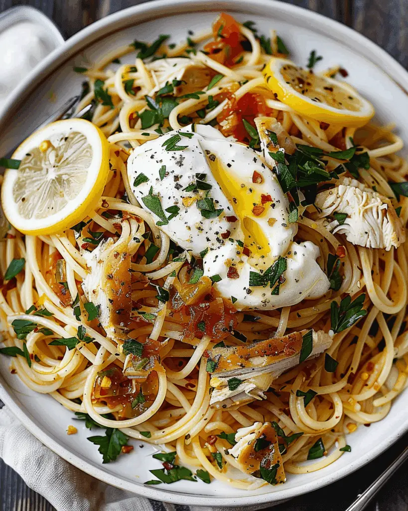Chicken Spaghetti with Burrata and Lemon Butter Garlic Sauce