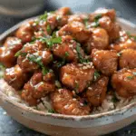 Honey Garlic Chicken Bites Over Creamy Rice