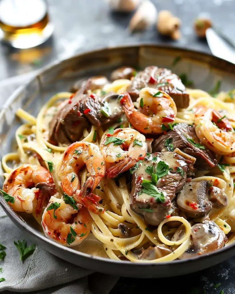 Decadent Steak and Shrimp Pasta in a Rich Cream Sauce