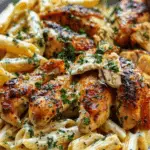 Cheddar Parmesan Garlic Butter Chicken with Creamy Penne Pasta