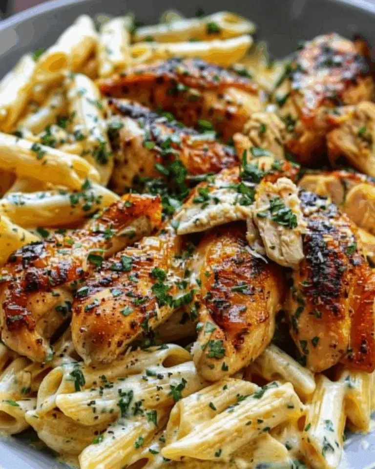 Cheddar Parmesan Garlic Butter Chicken with Creamy Penne Pasta
