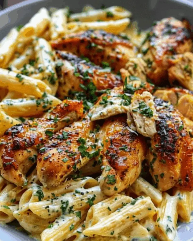 Cheddar Parmesan Garlic Butter Chicken with Creamy Penne Pasta