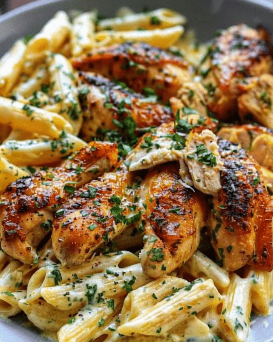 Cheddar Parmesan Garlic Butter Chicken with Creamy Penne Pasta