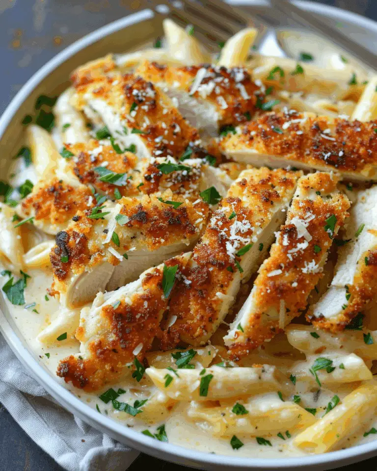 Parmesan-Crusted Chicken with Penne in Creamy Sauce