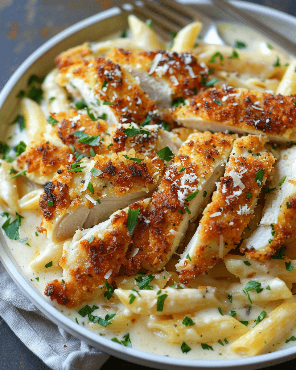 Parmesan-Crusted Chicken with Penne in Creamy Sauce