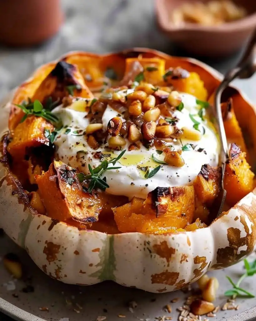Roasted Pumpkin with Yogurt Sauce and Pine Nuts