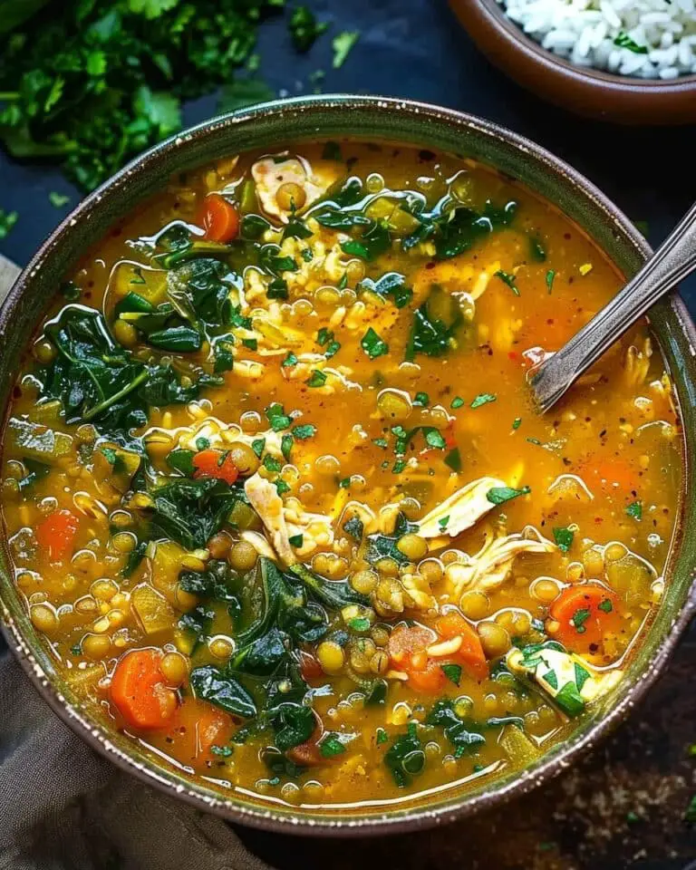 Curried Chicken Lentil and Rice Soup with Spinach