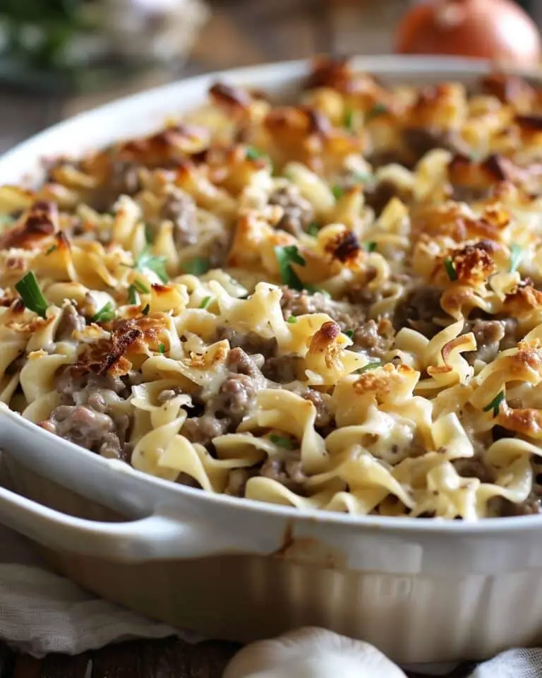 Cheesy Beef and Noodle Casserole with Crispy French Onions
