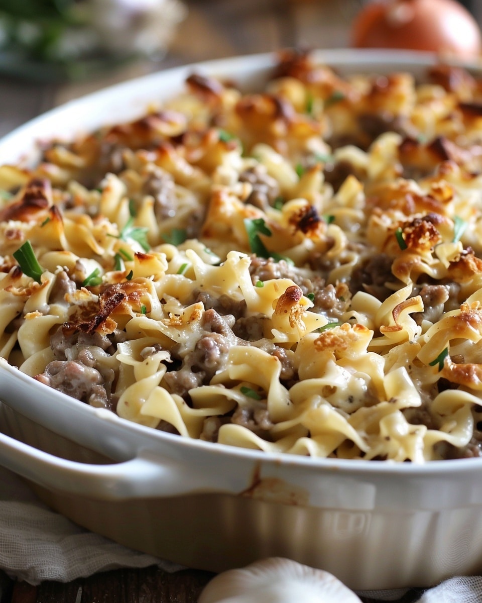 Cheesy Beef and Noodle Casserole with Crispy French Onions