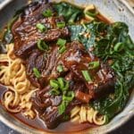Slow-Cooked Short Ribs with Noodles and Spinach
