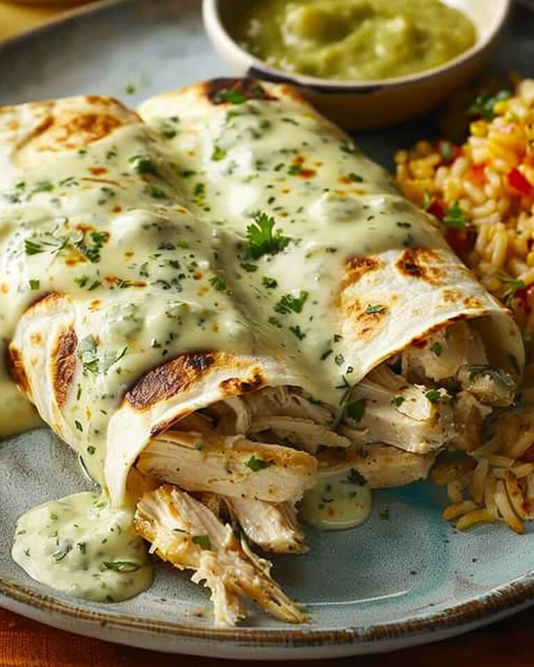 Baked Chicken Burritos with Creamy Green Chile Sauce