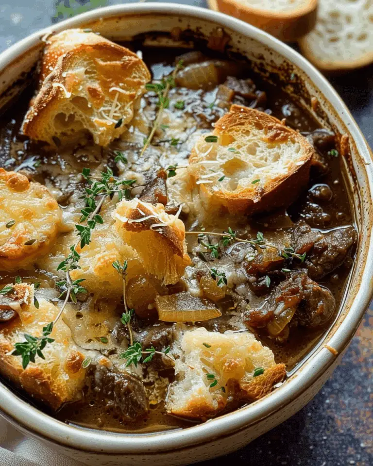 French Onion Beef Stew with Cheesy Bread Topping