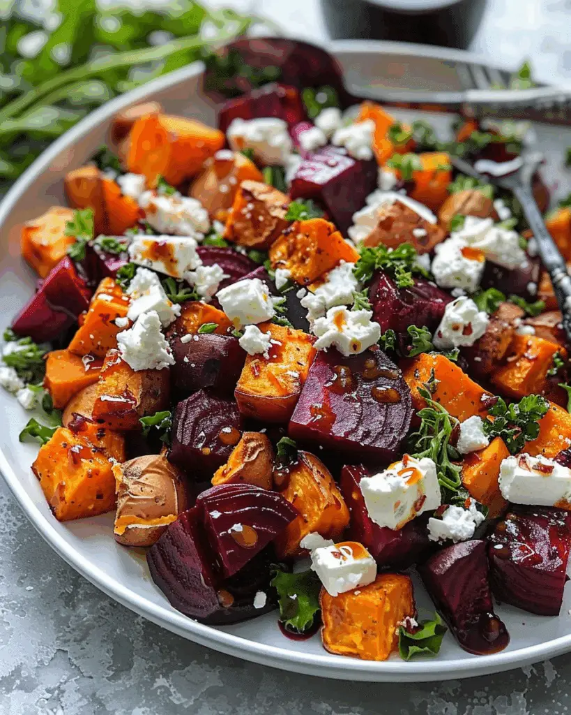 Roasted Beet and Sweet Potato Salad with Feta and Yogurt Dressing