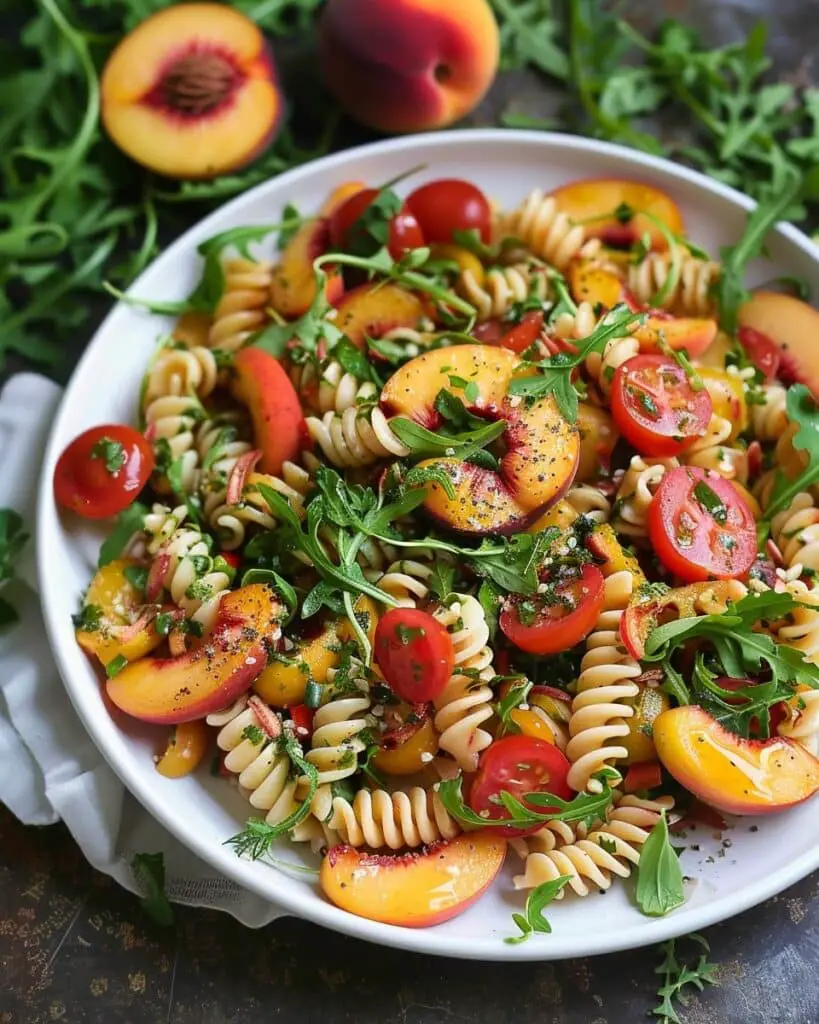 Peach Pasta Salad with Arugula and Tomatoes