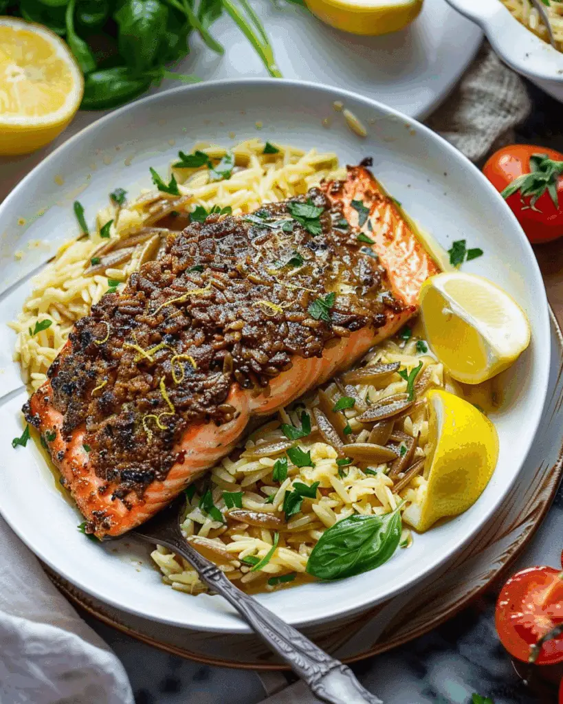 Honey Dijon Crusted Salmon & Creamy Lemon Garlic Orzo