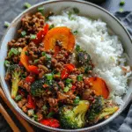 Spicy Ground Beef Stir-Fry Bowl with Garlic Veggies & Steamy Rice