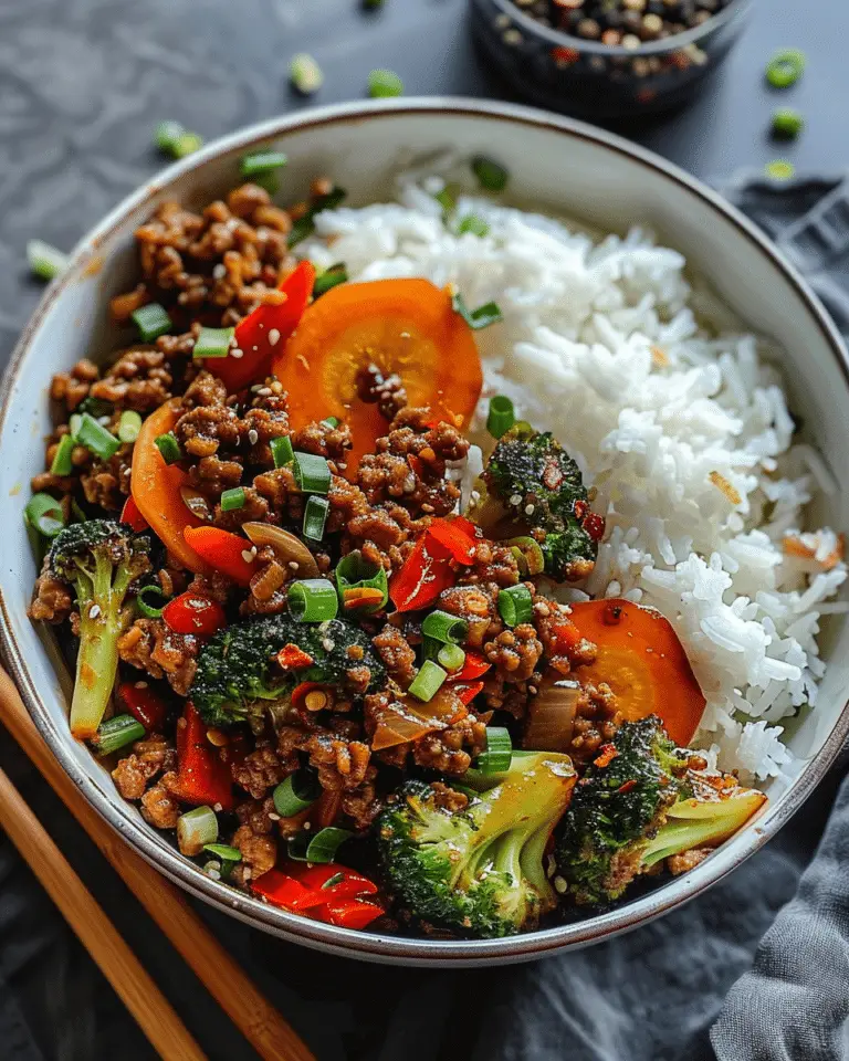 Spicy Ground Beef Stir-Fry Bowl with Garlic Veggies & Steamy Rice