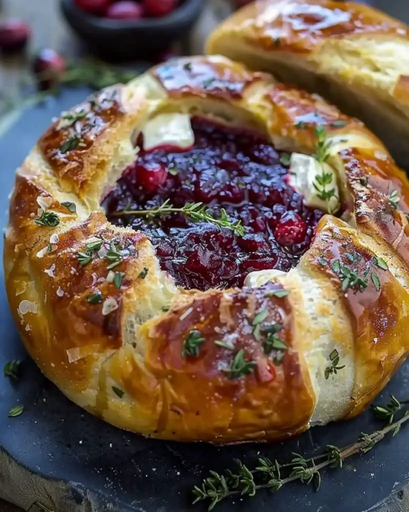 Baked Brie in Bread Bowl with Cranberry Sauce and Thyme