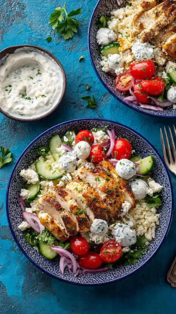 Greek Chicken Bowl with Fresh Salad, Mozzarella Pearls & Creamy Tzatziki