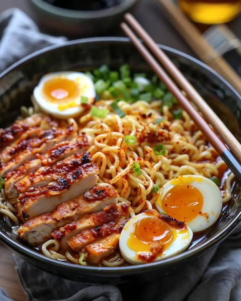 Fiery Chicken Ramen with Creamy Garlic Sauce