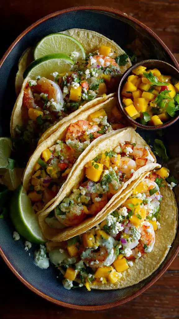 Shrimp Tacos with Mango Salsa & Creamy Cilantro Sauce