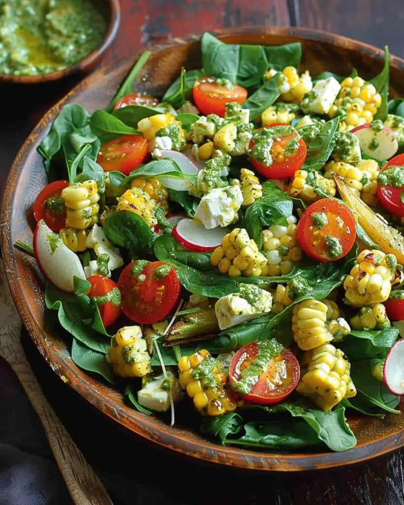 Corn, Tomato, and Spinach Salad with Creamy Pesto Dressing