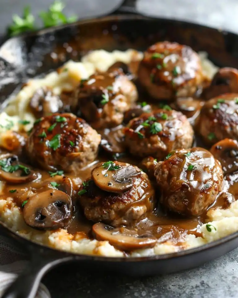 Beef Meatballs with Onion Mushroom Gravy and Mashed Potatoes