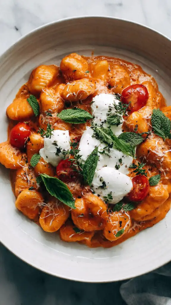 30 Minute Creamy Tomato Gnocchi with Burrata