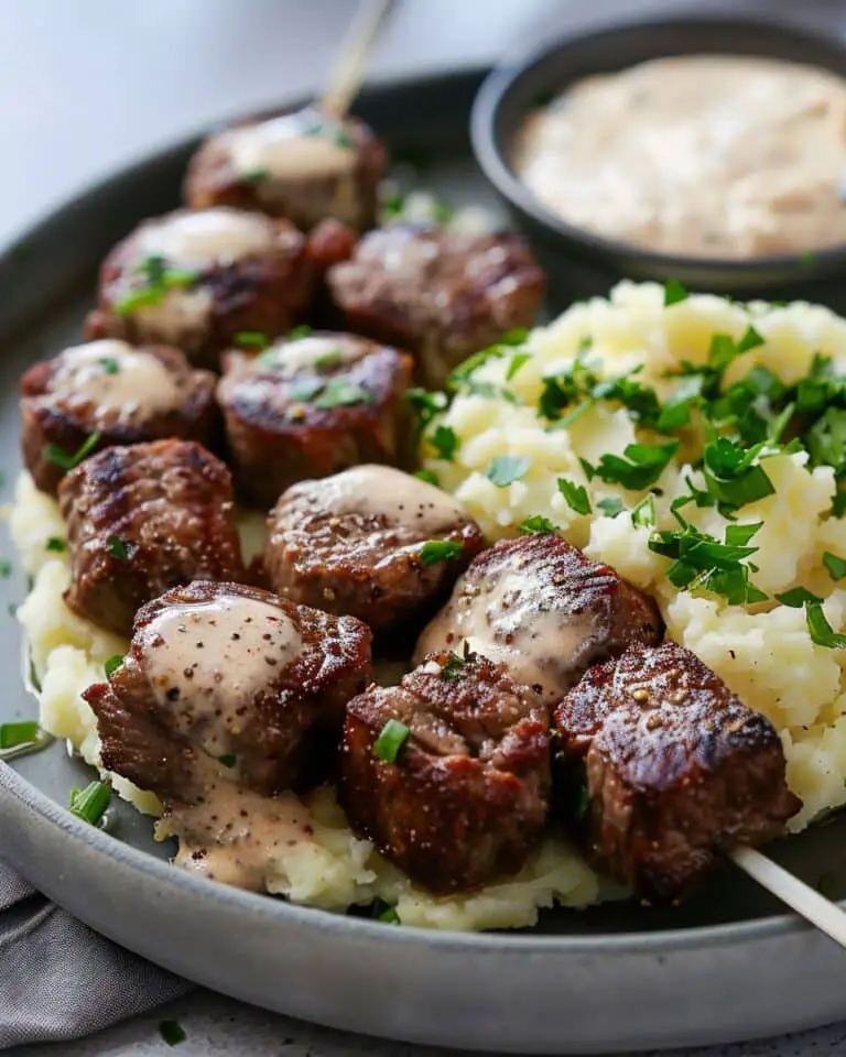 Juicy Steak Bites with Creamy Parmesan Sauce and Cheesy Mashed Potatoes