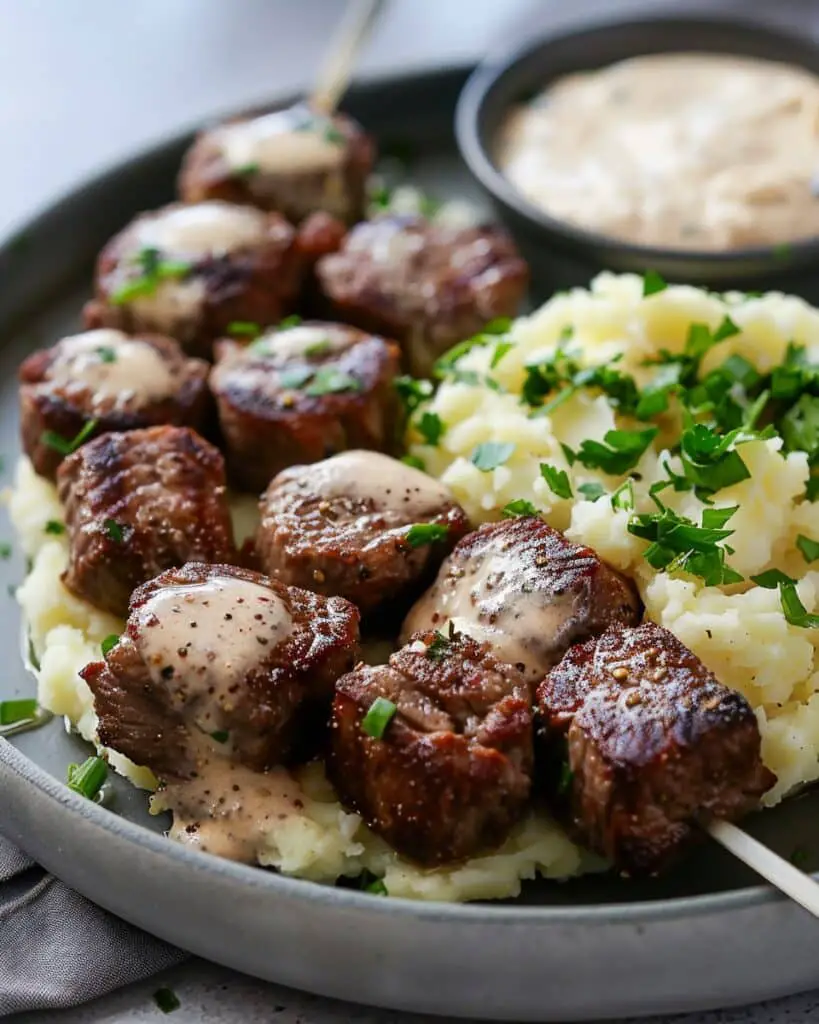 Juicy Steak Bites with Creamy Parmesan Sauce and Cheesy Mashed Potatoes