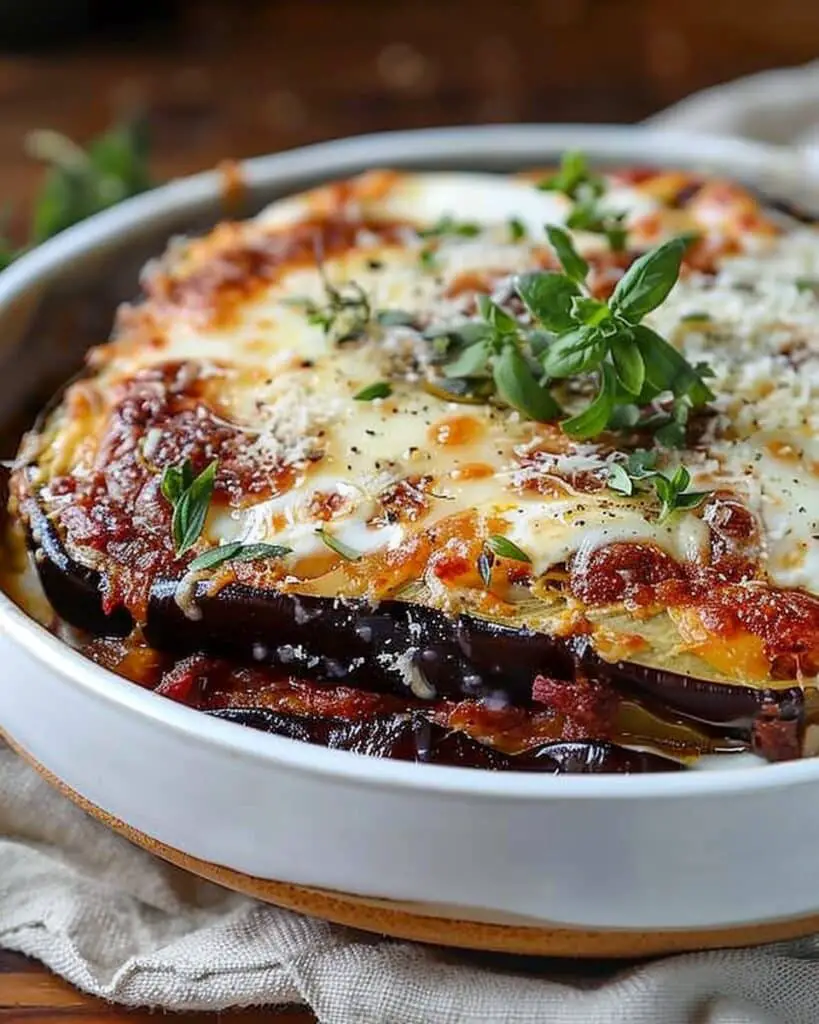 Burrata Eggplant Parmigiana with Caramelized Onions & Parmesan Cream
